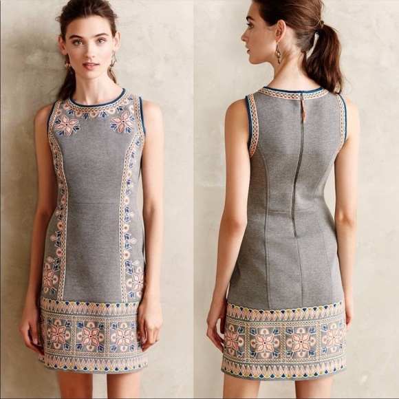 Anthropologie Maeve Grey Embroidered Sleeveless Dress - Picture 2 of 12